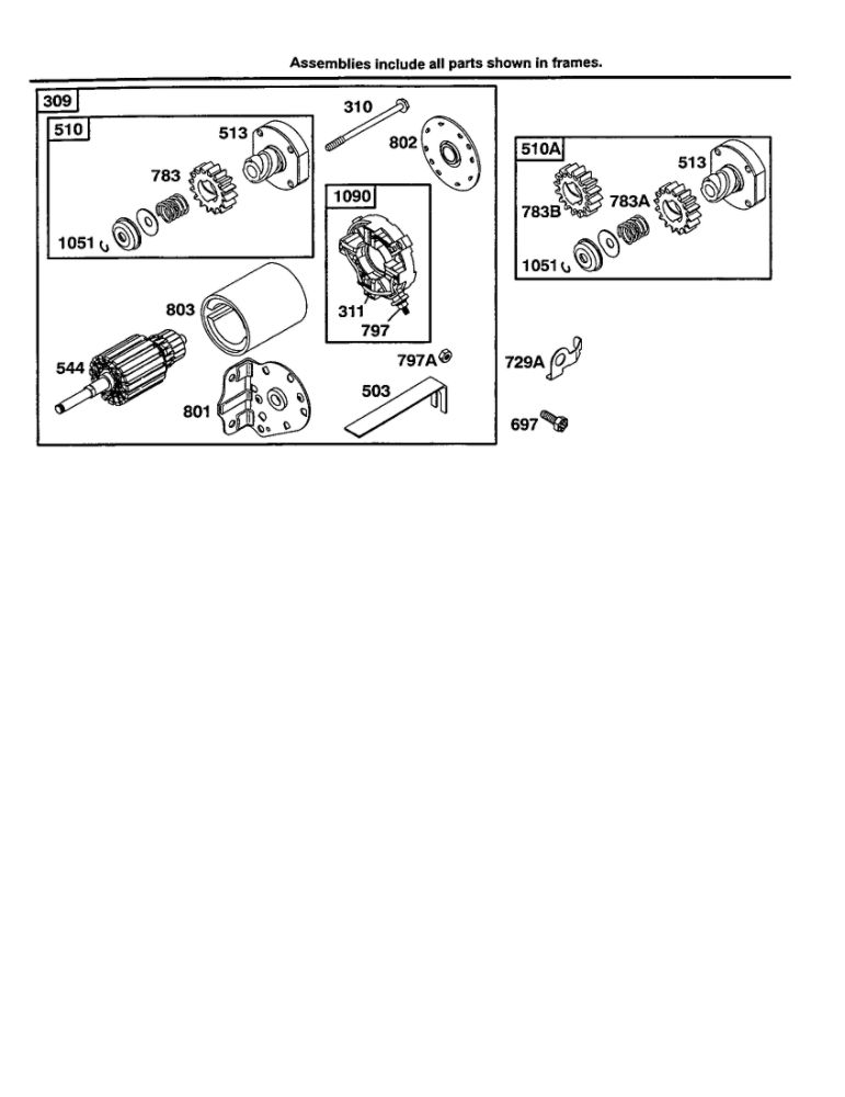 Starter-Motor Diagram and Parts List for 28B700-28B799 0001-0008-0009 Briggs and Stratton Engine